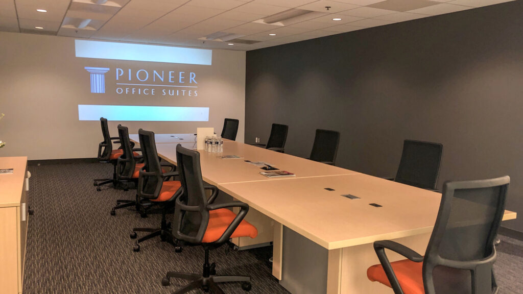 Conference room with seating for meetings at Pioneer Office Suites, Bethesda