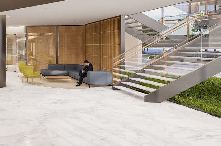 Bright atrium seating area near the conference center in the CapRock office building, Bethesda